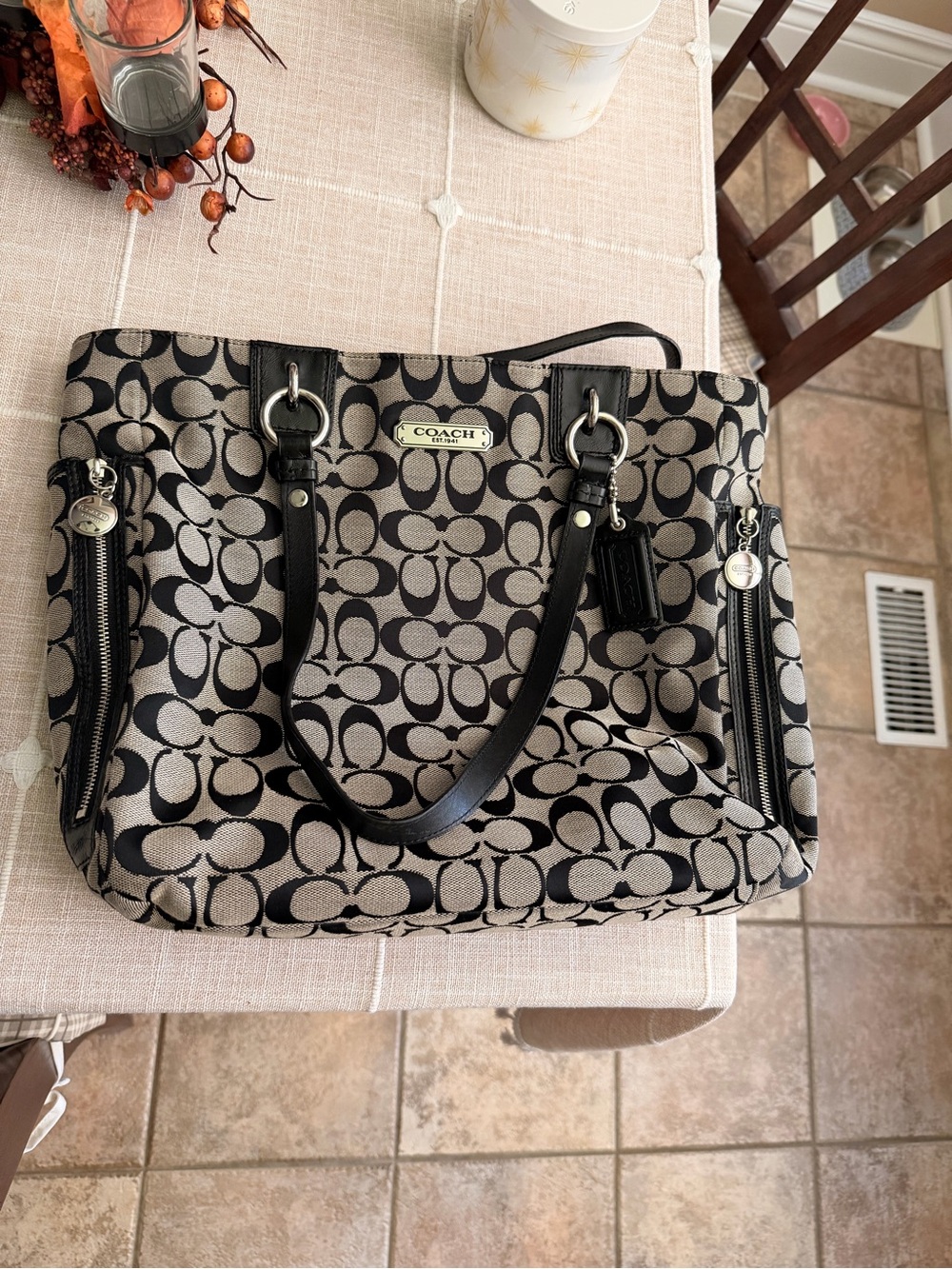 Coach Black and Khaki Signature Tote with Leather Trim